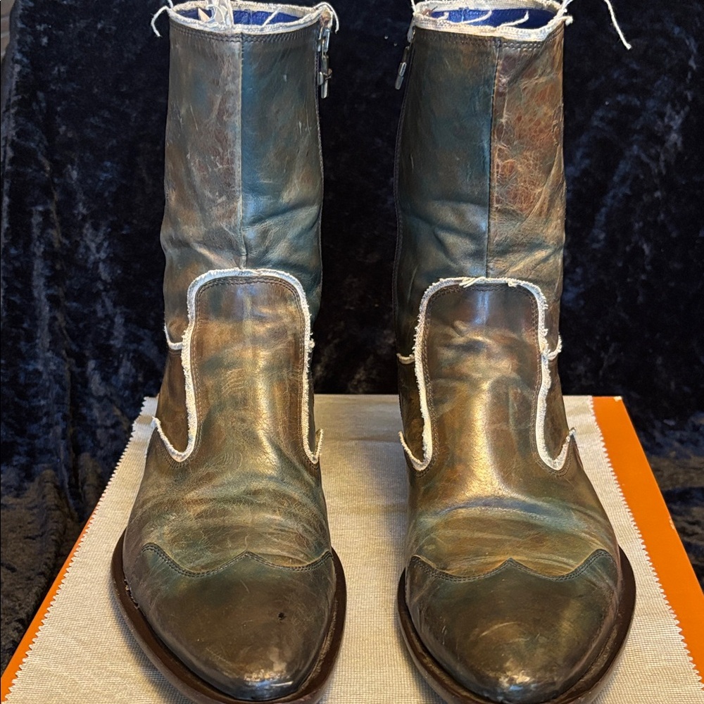 Vintage Western Cowboy Boots in Distressed Blue and Brown